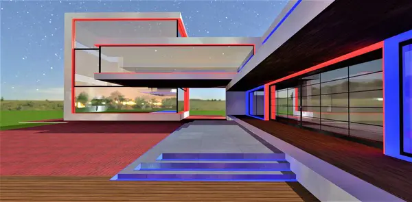 Inner Courtyard Eco Friendly Private Residence Featuring Red Blue Illumination — Stock Photo, Image