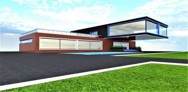 Genç ve varlıklı bir aile için cazip bir kulübe. Girişin üzerinde eşsiz bir mermer yapı ve özel tasarlanmış bir havuz var. 3B görüntüleme.