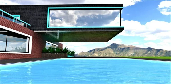 A refreshing pool in front of the entrance to an extraordinary house perched high in the mountains. Large panoramic windows on the cantilevered floor. 3D rendering.