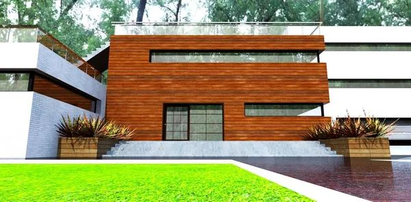 Beautiful Village House Forest View Entrance Wooden Finishing Facade Rendering — Stock Photo, Image