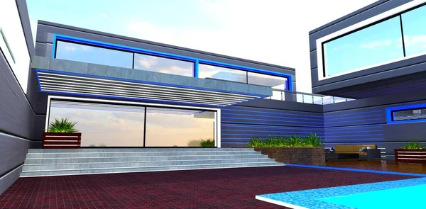 저택의 장식으로 파란색과 Led 스트립 구체적인 유리제 렌더링 — 스톡 사진