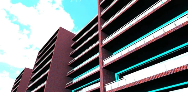 Botten Utsikt Över Den Moderna Lägenhetsbyggnaden Med Långa Balkonger Inhägnade — Stockfoto