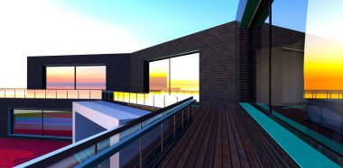 Güverteli dar bir teras ve çelik parmaklıklı cam çitler. Günbatımı büyük panoramik pencerelere yansıdı. 3d oluşturma.