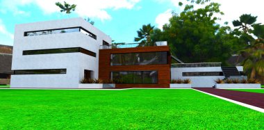 Büyük palmiye ağaçlarının gölgesinde yeni bir ev. Çocuklu genç bir aile için iyi bir yer. 3d oluşturma.