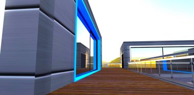 Cam çitlerle döşenmiş terastan görülebilen harika bir gün doğumu. Mülk sahibi için iyi espri. 3d oluşturma.