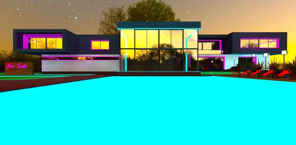 Large pool with turquoise water in front of the contemporary mansion for sale. Calm starry night. 3d rendering.