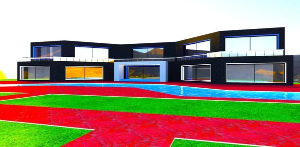 立面有游泳池的有趣的形式的房子 日落的时候看起来不错3D渲染 — 图库照片