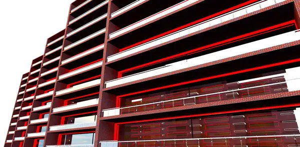 Low-rise apartment building. Long modern balconies fenced with glass. Red day illumination catches the client\'s eye. 3d rendering.