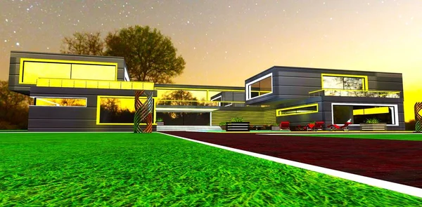Nachtansicht Der Modernen Villa Mit Gelb Beleuchteter Fassade Breite Bordsteine — Stockfoto