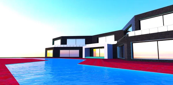 Nice futuristic house with pool reflecting blue sky. Black brick finishing of the facade. Red brick tile as a pavement. 3d rendering.