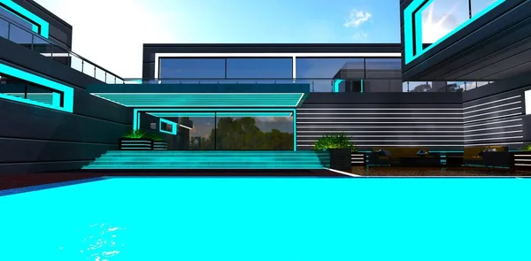 プールの表面 Ledストライプによるファサードの照明 若い住宅デザイナーのための良いアイデア 3Dレンダリング — ストック写真