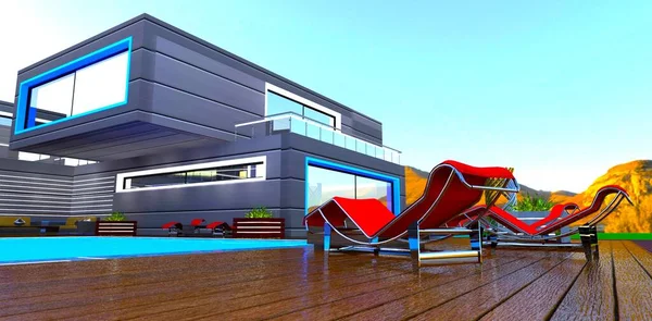 Rote Liegestühle Auf Dem Deck Der Nähe Des Pools Hof — Stockfoto