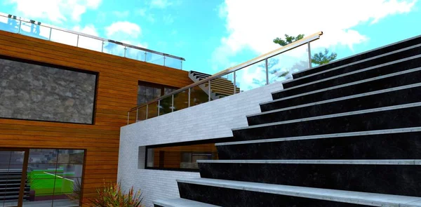 Schody Taras Niedawno Wybudowanego Domku Drewnianą Fasadą Szklane Ogrodzenie Duże — Zdjęcie stockowe