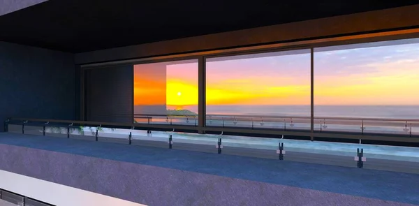 The balcony of the modern cottage with panoramic sliding glass door reflecting distant sunrise above the ocean. 3d rendering.