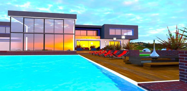 Transparent blue water of the pool in the yard of the modern mansion with glass exterior. Cozy rest zone with comfortable furniture. 3d rendering.