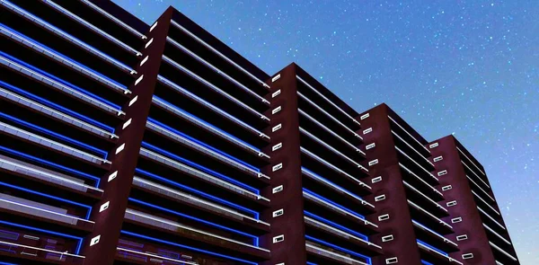 Vue Bas Magnifique Immeuble Appartements Nuit Lignes Droites Bleues Éclairage — Photo