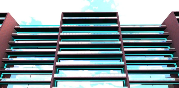 Widok Fasady Budynku Mieszkalnego Błękitne Zachmurzone Niebo Turkusowe Oświetlenie Łuków — Zdjęcie stockowe