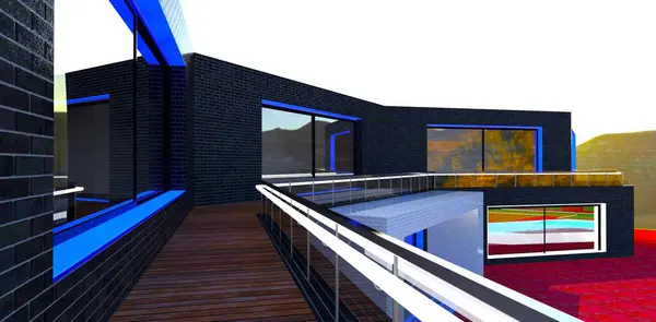 Weiße Glimmende Geländer Des Glaszauns Der Gedeckten Terrasse Des Neubaugebiets — Stockfoto