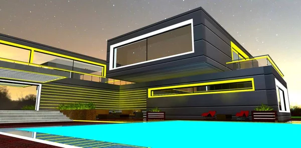 Gelb Beleuchtete Fassadenelemente Machen Die Immobilie Für Käufer Besonders Nachts — Stockfoto