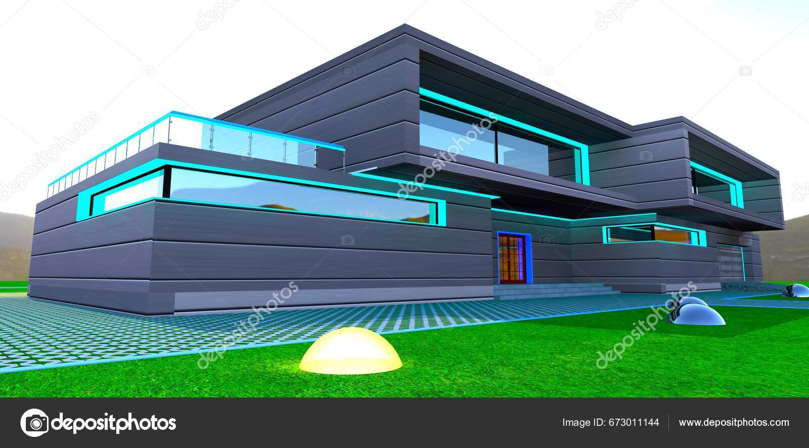 Renderização em 3d de uma casa moderna com fachada escura. casa com janelas  panorâmicas e terraço. tijolo