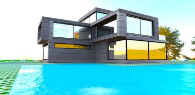Sıcak temmuz günü, bölgede kendi yüzme havuzu olan gelişmiş kompakt konutların camlarına yansıdı. 3d oluşturma.