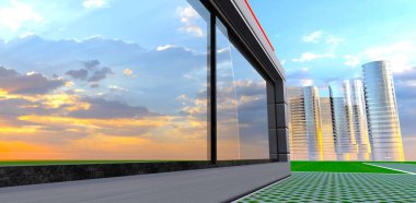 Arka planda birkaç silindirik gökdelenden oluşan dev bir iş merkezi. Uzun panoramik penceredeki güneşli bulutların yansıması. 3d oluşturma.