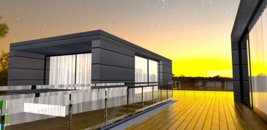 Günbatımı, gelişmiş banliyö evinin teras döşemelerine yansıdı. Cam kapının arkasındaki beyaz perdeler. 3d oluşturma.