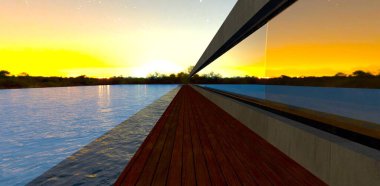 Uzak köyün gece lambaları göl kıyısındaki beton binanın uzun ayna camına yansıdı. 3d oluşturma.