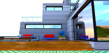 Banliyödeki kompleks konutun bahçesinde iki rahat kanepe. Köşedeki pencereye kasabanın yansıması. 3d oluşturma.