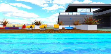 Havuzdan dinlenme alanına kadar manzarayı seyret. Sırtüstü uzanan güneşli şezlonglar ve arka planda dağlar olan büyük bir kanepe. 3d oluşturma.