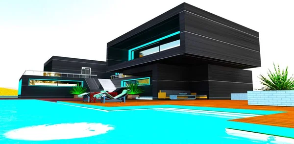 游泳池的表面闪烁着灿烂的阳光 还有通往新居院落休息区的台阶 3D渲染 — 图库照片