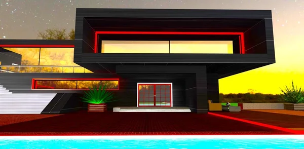 Console Structure Contemporary Balcony Red Led Illumination Entry Private Dwelling — Stock Photo, Image