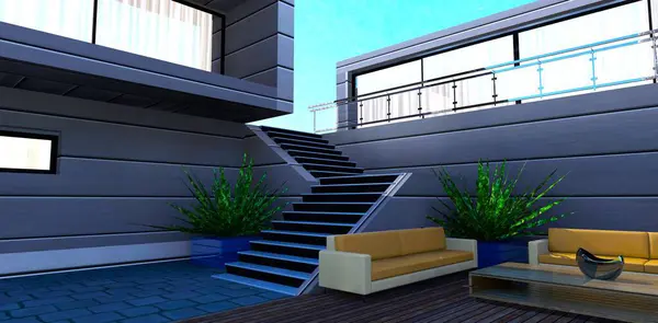 Perdeler büyük panoramik pencerelerin arkasında görünür ve etkili enerji camları vardır. Rahatlama bölgesinin üstünde rahat bir teras. 3d oluşturma.