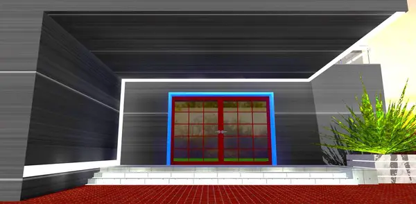 Design Verandaen Med Beton Glødende Trin Swing Indgangsdør Med Glaselementer - Stock-foto