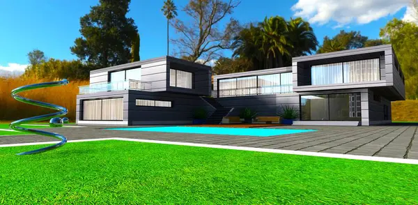 热带公园里当代城郊房屋的独家设计 钢制螺旋线作为草坪上的装饰装置 3D渲染 — 图库照片