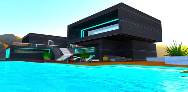 Glowing Waves Swimming Pool Surface Front Contemporary House Finished Black — Stock Photo, Image