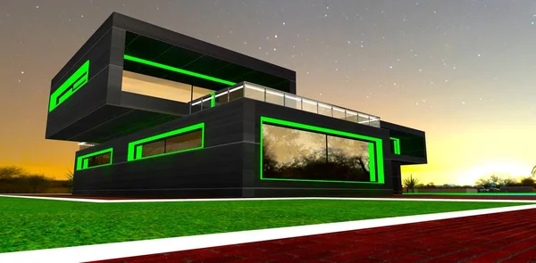 Zielone Podświetlane Elewacje Prywatnego Kompaktowego Domku Metalową Fasadą Pod Nocnym — Zdjęcie stockowe