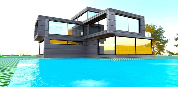 炎热的七月反映在先进的紧凑型住宅的窗户上 有自己的游泳池 3D渲染 — 图库照片