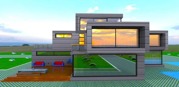 Odbicie Zachodu Słońca Dużych Oknach Kompaktowego Domku Rodzinnego Zbudowanego Według — Zdjęcie stockowe