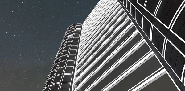 Vista Baixo Para Edifício Apartamentos Altos Contra Céu Estrelado Noite — Fotografia de Stock