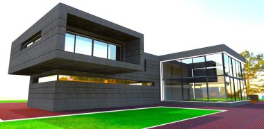 Duvarların modern tasarımı sona eriyor. Metal kaplama taş gibi görünüyor. Arkasında parlak güneş var. 3d oluşturma.