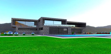 Dağlardaki yeşil alanda metal panelli yeni tasarlanmış ev. 3d oluşturma.