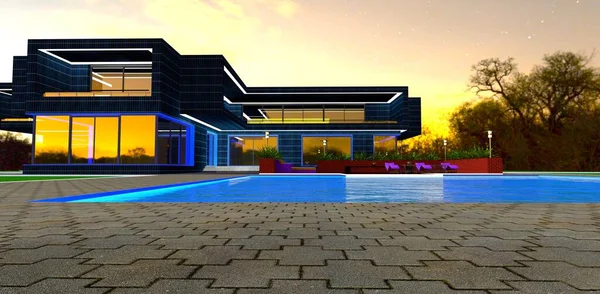 Blue Water Illuminated Swimming Pool Territory Advanced Private Mansion Rendering — Stock Photo, Image