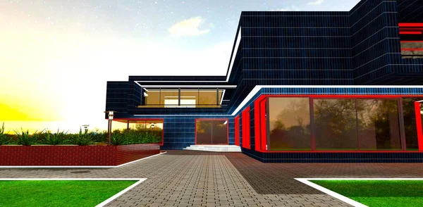 コンパクトな郊外施設のコンセプトは 太陽光パネルで仕上げました ナイトビュー 赤色Ledライト 3Dレンダリング — ストック写真