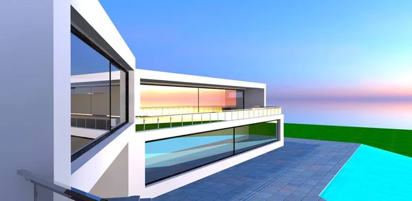 Immobilier Contemporain Minimaliste Façade Blanche Grandes Fenêtres Panoramiques Avec Terrasse — Photo