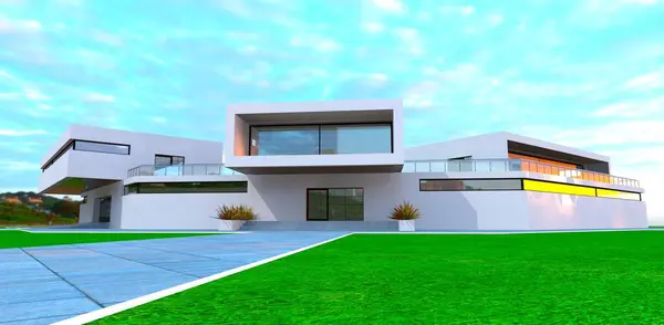 Exclusive design of the eco-friendly suburban mansion constructed according to the innovative design. 3d rendering.