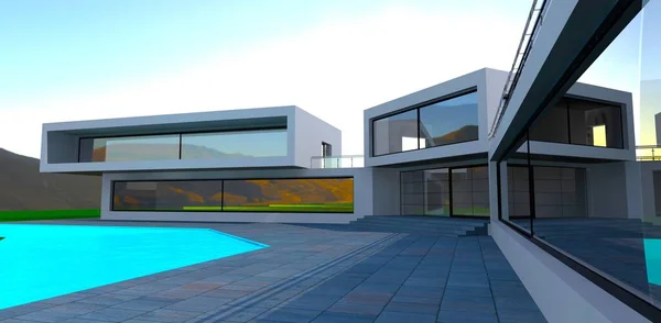 Enorme Panoramische Ramen Moderne Woningbouw Ziet Goed Uit Maakt Het — Stockfoto