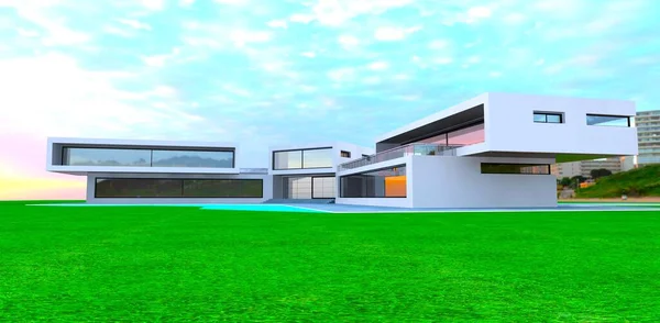 先进高科技住宅的创新设计看起来像鹰 绿色的大草坪背景上的旧低层建筑 3D渲染 — 图库照片