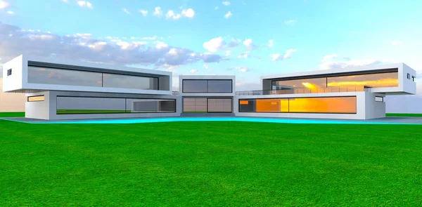 Besar Baik Dipersiapkan Rumput Depan Pribadi Modern Estate Dengan Fasad — Stok Foto