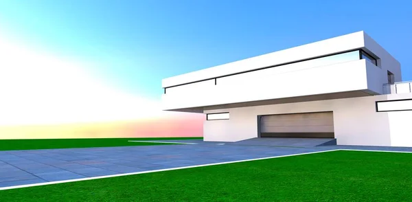 明るい晴れた空に対して白いプラスターの正面が付いている現代郊外の邸宅の持ち上がる金属のゲート 3Dレンダリング — ストック写真